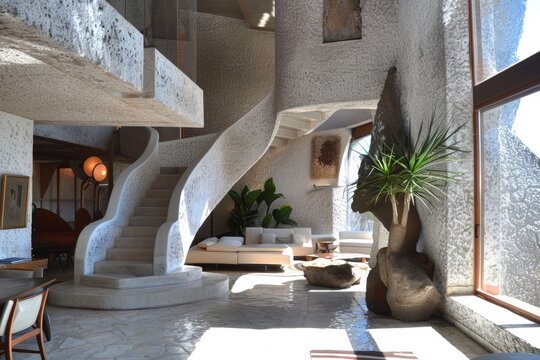 Impresionante escalera de caracol blanca en casa cueva luminosa, Sal&oacute;n de lujo con grandes ventanales y vistas a la roca, Dise&ntilde;o interior estilo ibicenco con luz natural