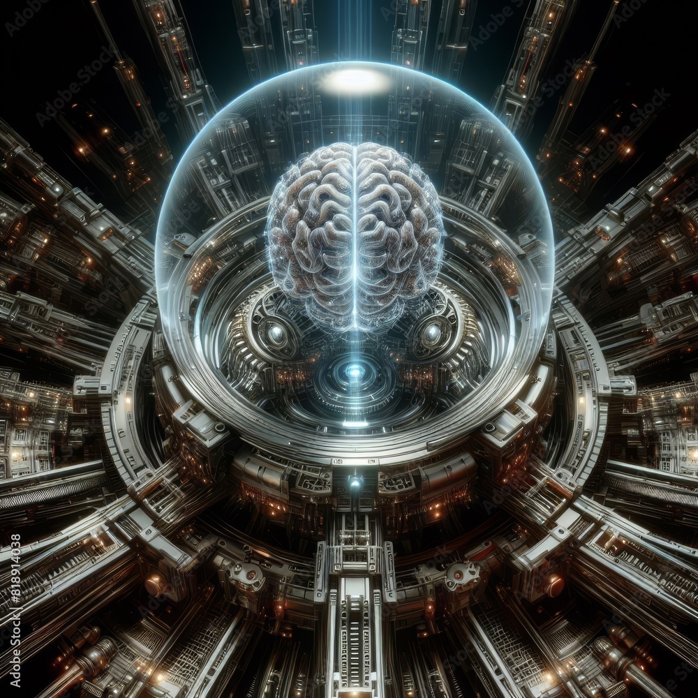 Poster an artistic rendering of a human brain encased in a glass sphere within a futuristic technological e