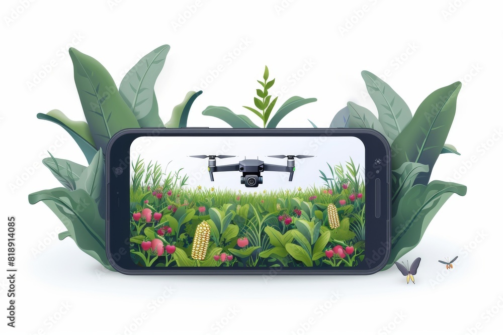 Poster isometric drone technology for lush green crop fields in efficient agricultural pest control using v