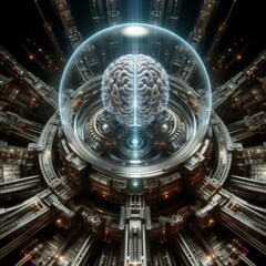 Fototapeta premium An artistic rendering of a human brain encased in a glass sphere within a futuristic technological environment.. AI Generation