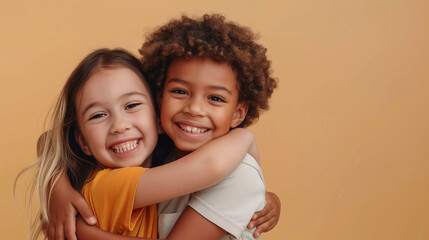 Close-up of 2 black and white children in diversity gender, skin color and nationality are hugging each others on a plain orange background. Background for back to school season.