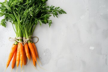Fresh carrots with green leaves, a staple root vegetable, on a white surface