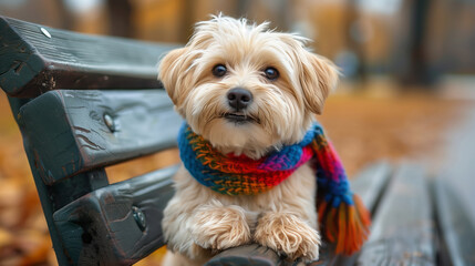 A cheerful puppy with a rainbow scarf sitting on a park bench, pride month theme