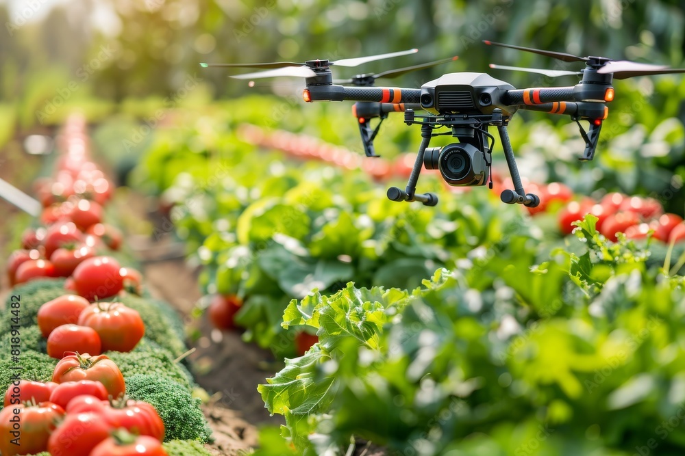 Poster isometric drone technology for lush green crop fields in efficient agricultural pest control using v