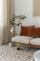 Fototapeta premium Salón moderno con sofá beige y cojines de terciopelo color óxido, Alfombra con patrón geométrico en sala de estar contemporánea, Espacio habitable confortable con tonos tierra y texturas ricas