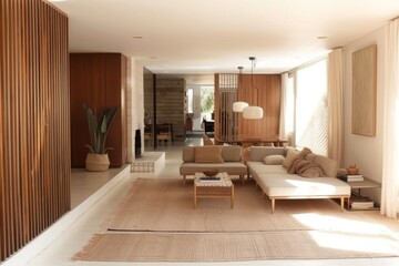 Salón acogedor con revestimiento de madera y lámparas colgantes, Diseño interior cálido con pared de listones y alfombras de fibra natural, Hogar estilo escandinavo o japonés con texturas orgánicas © Loktor