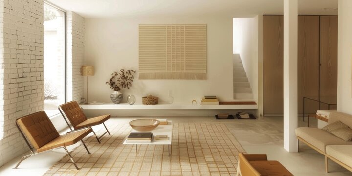 Sala de estar luminosa con pared de ladrillo blanco pintado, Decoraci&oacute;n interior con tapiz de macram&eacute; y sillas de cuero trenzado, Hogar moderno con texturas naturales y ambiente sereno