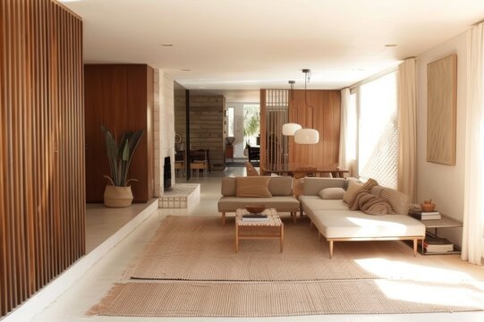 Sal&oacute;n acogedor con revestimiento de madera y l&aacute;mparas colgantes, Dise&ntilde;o interior c&aacute;lido con pared de listones y alfombras de fibra natural, Hogar estilo escandinavo o japon&eacute;s con texturas org&aacute;nicas