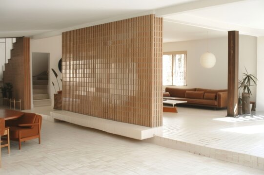 Dise&ntilde;o de interiores de planta abierta con pared divisoria de ladrillos verticales, Sal&oacute;n hundido estilo mid-century con sof&aacute;s marrones y luz natural
