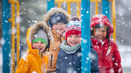 4 children in diversity gender, skin color and nationality are playing at a playground in winter background. Background for back to school season.