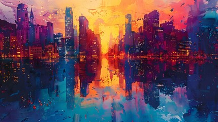 Nighttime Urban Skyline Watercolor Illustration