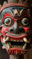 Obraz premium Close-up shot of a handcrafted Balinese mask with intricate designs and vibrant colors, showcasing cultural artistry