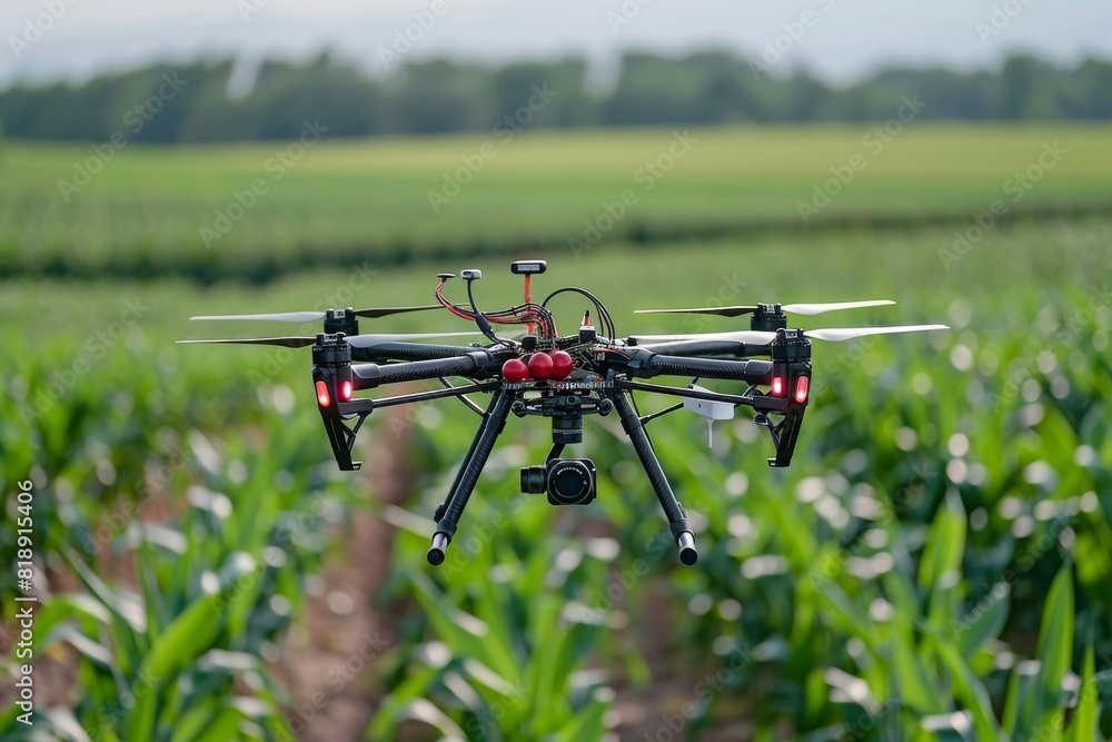 Poster modern farm technology with isometric drones for vector illustrations of lush green crop fields in e