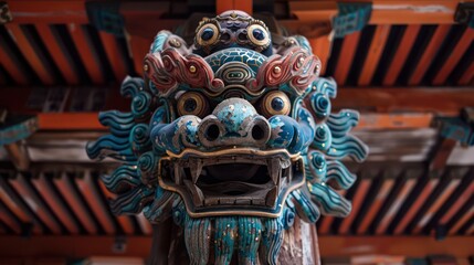 Fototapeta premium A vibrant and intricately detailed dragon statue with an open mouth, set against the backdrop of a temple's wooden architecture