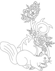 Squirrel and A Floral Vine Coloring Page. Printable Coloring Worksheet for Adults and Kids. Educational Resources for School and Preschool.