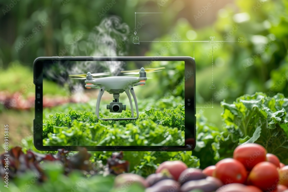 Poster isometric drone technology for lush green crop fields in efficient agricultural pest control using v