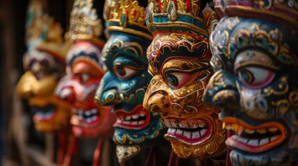 Fototapeta premium A selection of ornate Balinese masks exhibiting intricate designs and vibrant colors, representing cultural heritage
