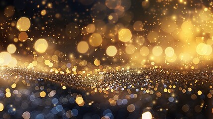 Abstract golden glittering background with blur dots, golden particles and sprinkles for a holiday celebration like or new year. shiny golden lights. wallpaper background for ads