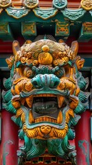 Obraz premium A vibrant and detailed close-up of a traditional Chinese guardian lion statue, featuring intricate carvings and bright colors