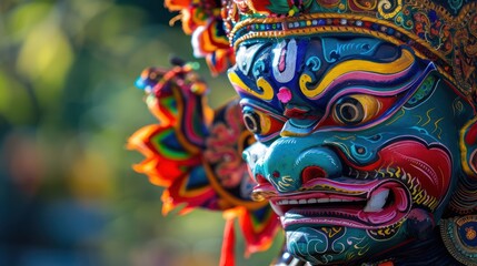 Naklejka premium A vibrant and detailed traditional Balinese demon mask captured with a blurred background highlighting its cultural significance