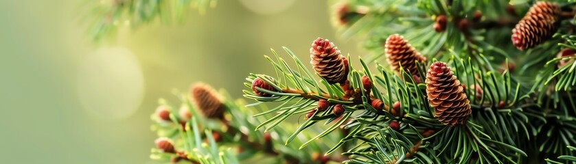 Obraz premium Close-up view of pine tree branches with fresh green needles and small pine cones, capturing the beauty of nature and serenity of evergreen forests.