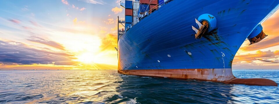 Close up of large blue merchant crago ship in the middle of the ocean underway. Performing cargo export and import operations with sun rays, horizon line and beautiful sky.