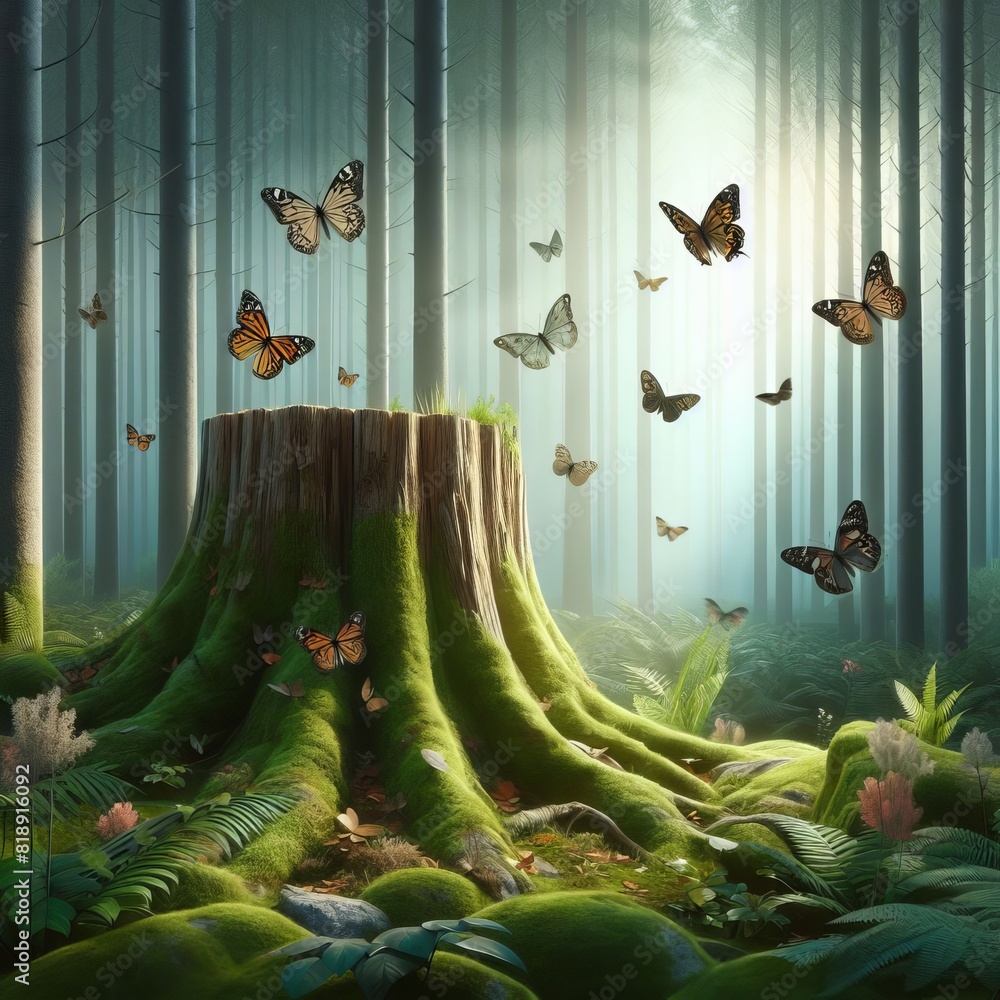 Poster butterflies flutter around a tree stump in a sunlit, mystical forest, creating a serene and magical 