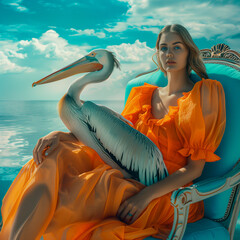 Creative summer portrait of a beautiful elegant fashion young lady in orange dress sitting a chair with a pelican bird. Background is blue sea clouds and sun.