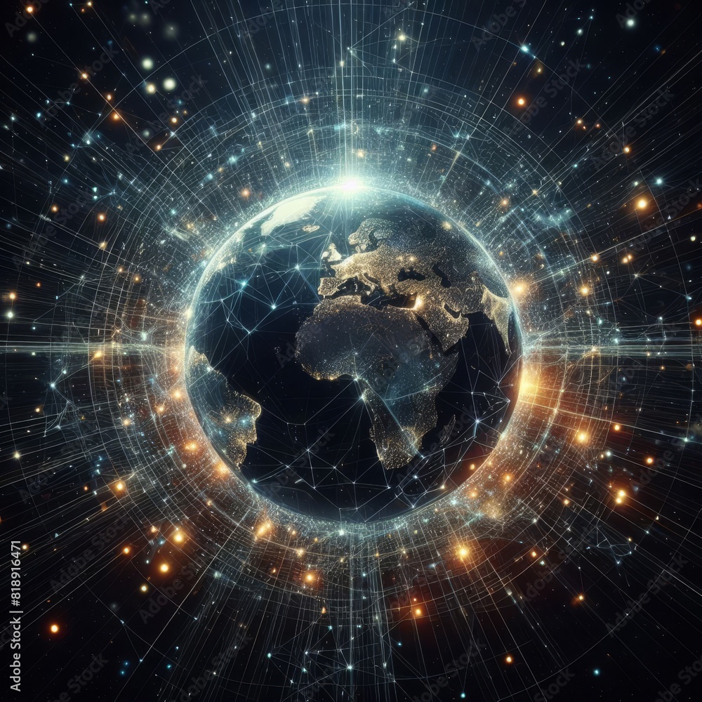 Poster a futuristic digital globe showcasing network connections and data exchange over europe and africa..
