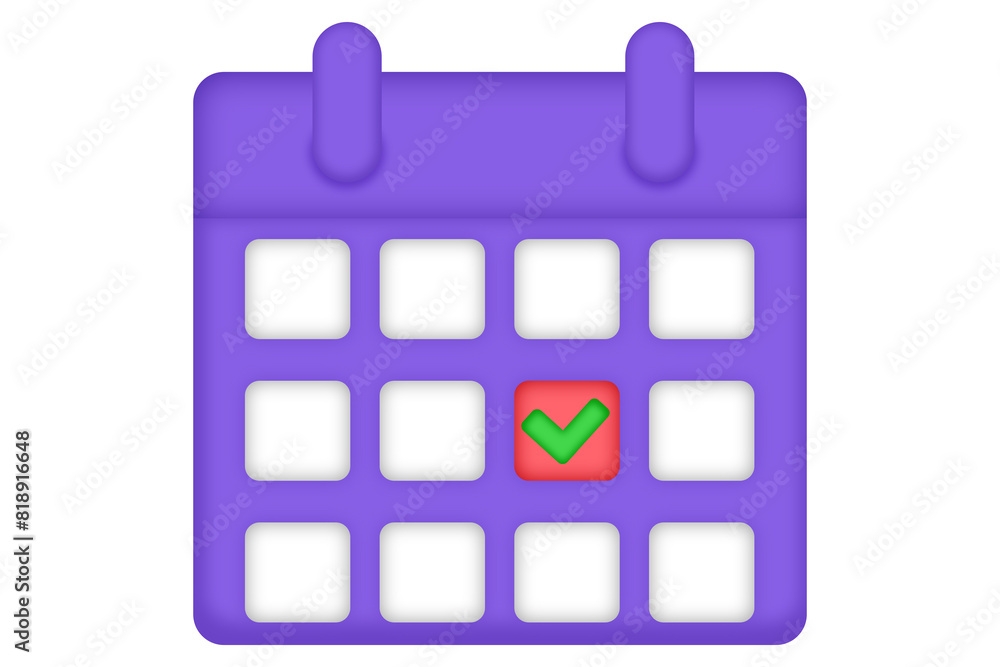 Poster 3d illustration of calendar icon showing notifications with green check mark isolated on transparent