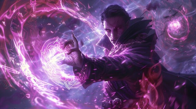 Powerful Sorcerer Casting Mesmerizing Mystical Spell Amidst Swirling Ethereal Symbols and Enchanting Cosmic Energies