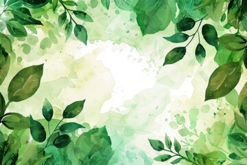 Green leaves painting on white background, watercolor art