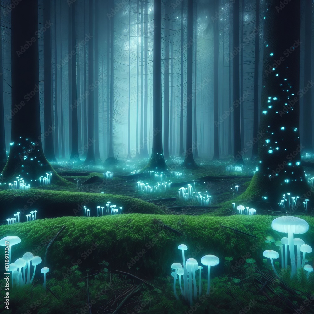 Poster a mystical night view of a dense forest illuminated by glowing mushrooms and faint light shafts.. ai
