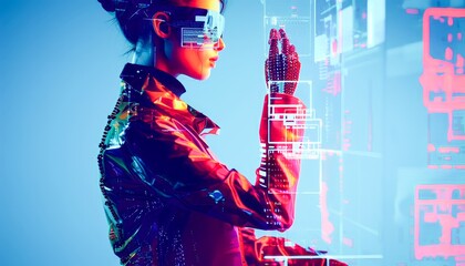 Futuristic Woman Interacting with Digital Interface.