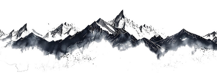 watercolour black and white mountains in winter with white background