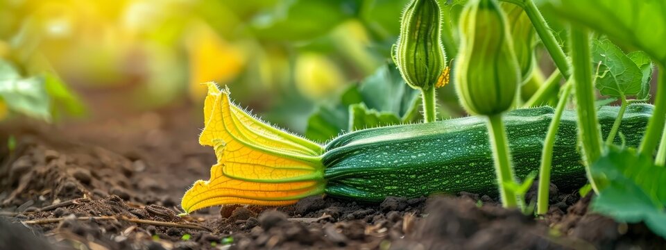 Green young zucchini with yellow flower in summer. Green squash in garden bed in vegetable field. Gardening background with zucchini plants in open ground, close up banner