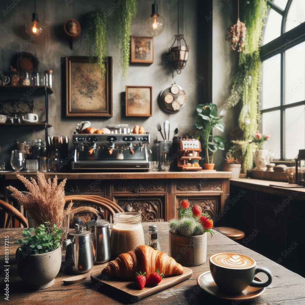 Poster a warm and inviting cafe setting with a freshly brewed coffee, croissants, and a rustic ambiance.. a