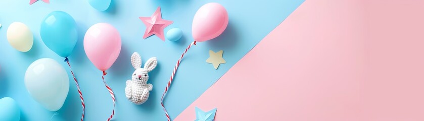 Colorful celebration background with pastel balloons, stars, and a white bunny on a pink and blue backdrop. Perfect for festive events.
