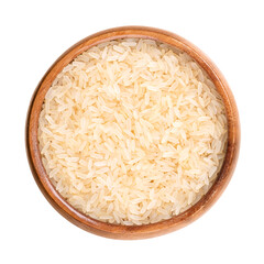 Parboiled long grain rice, in a wooden bowl. Also called converted, easy-cook or sella rice, or...