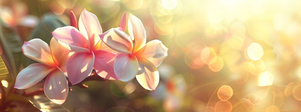 Macro shot of Sweet pink Plumeria flowers in pastel tone with copy space for soft background, Soft focus on Frangipani flower with color filter effect in soft color and blur style for background.