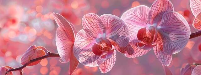 A close-up of a delicate orchid with intricate patterns and soft pink petals.