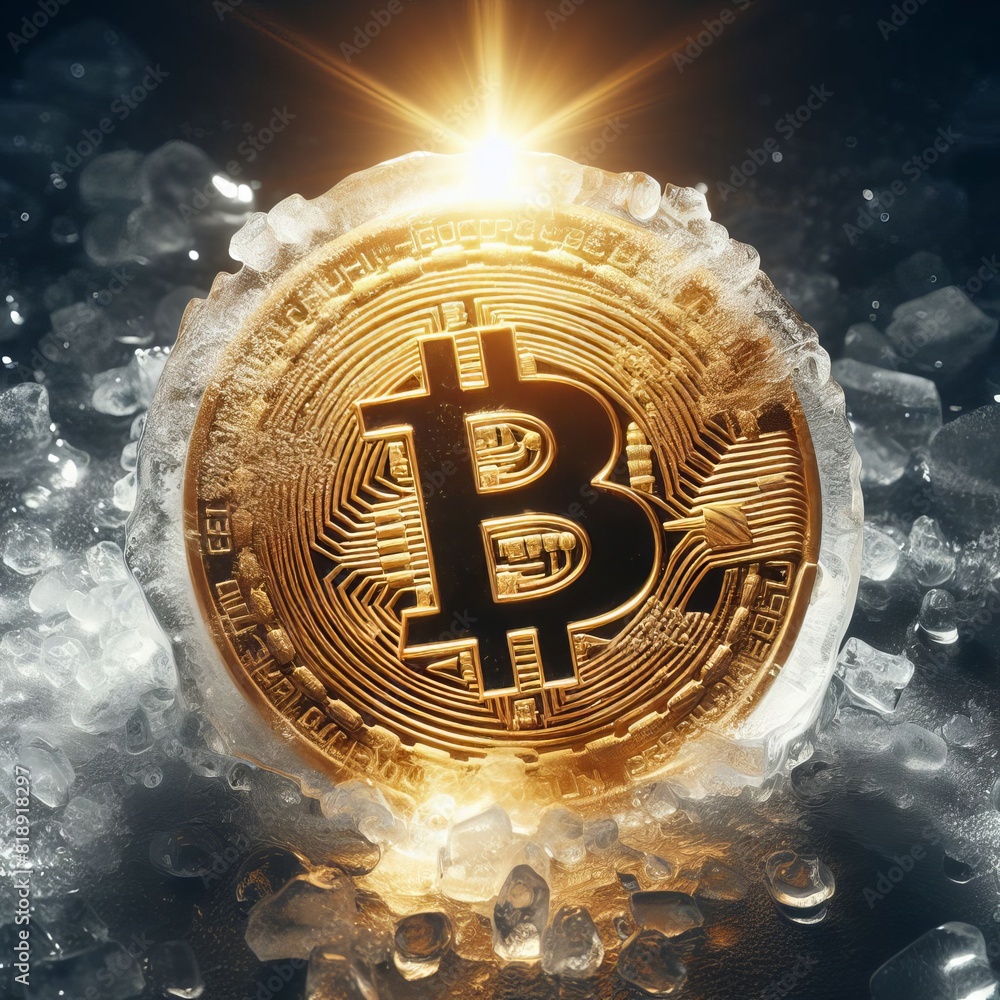 Poster a bitcoin coin encapsulated in ice, symbolizing the potential thawing or freeing of digital currency
