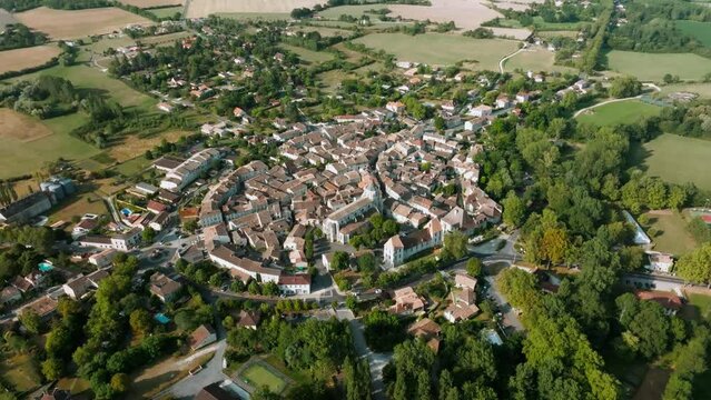 Village of Issigeac, beautiful bastide in Dordogne, aerial view 