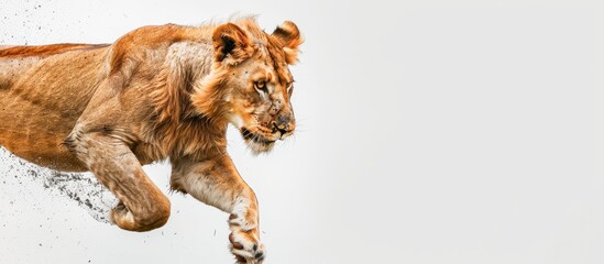 A powerful lioness leaps with a determined expression... on white background with Copy space