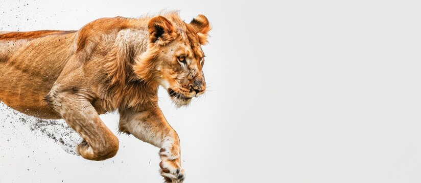 A powerful lioness leaps with a determined expression... on white background with Copy space