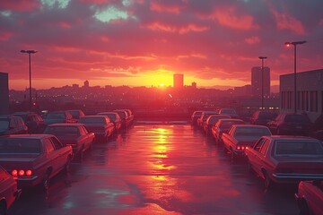 Rooftop Parking Lot Sunset Cars parked on a rooftop parking lot during a vibrant sunset, creating a picturesque scene - Powered by Adobe