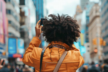 Back view of African American woman taking photo on smartphone of buildings and architecture in busy tourist city, travel lifestyle concept, Generative AI