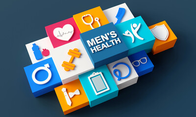 Men's Health icons on dark background. 3D Rendering
