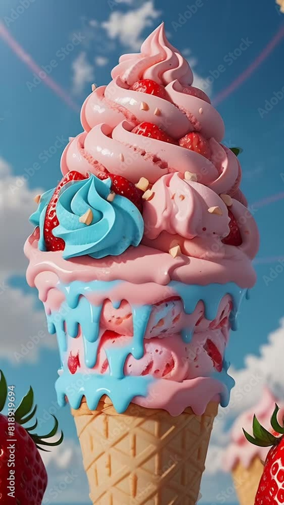 Poster generative ai animation of transforming strawberry ice cream in a cone with a fresh strawberry on to