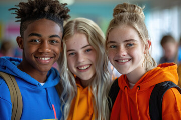group of happy teenage students in bright clothes. ai generated
